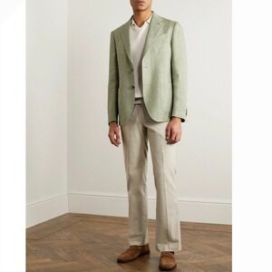 Lardini Green Linen & Wool Blend Hopsack Sport Blazer Coat, 54 /44